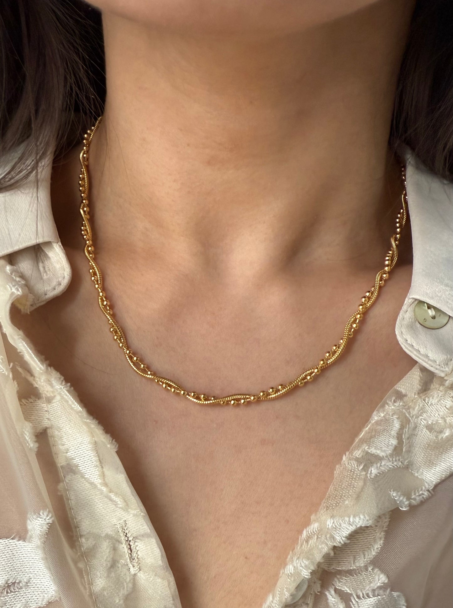 Ayla Gold Twisted Beaded Chain Necklace | Polished Stainless Steel Dainty and Elegant