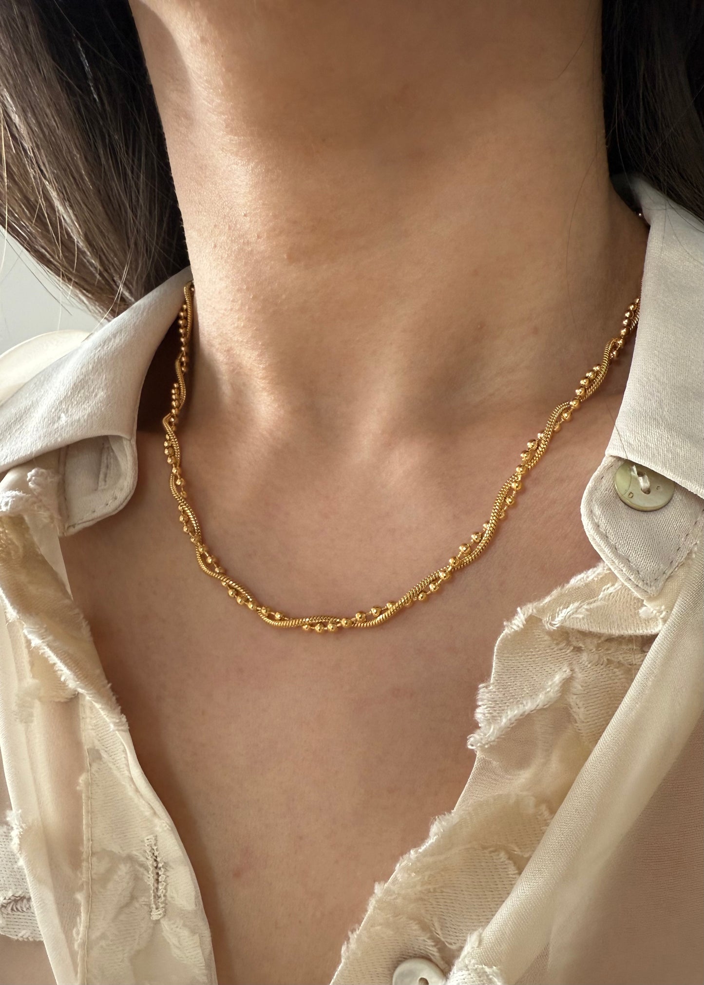 Ayla Gold Twisted Beaded Chain Necklace | Polished Stainless Steel Dainty and Elegant