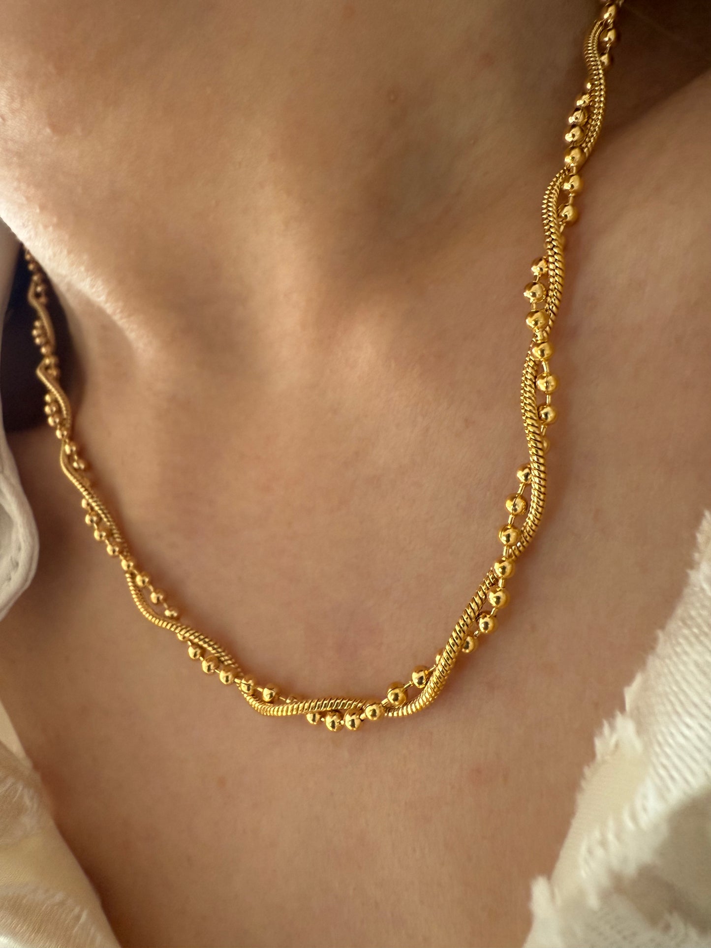 Ayla Gold Twisted Beaded Chain Necklace | Polished Stainless Steel Dainty and Elegant