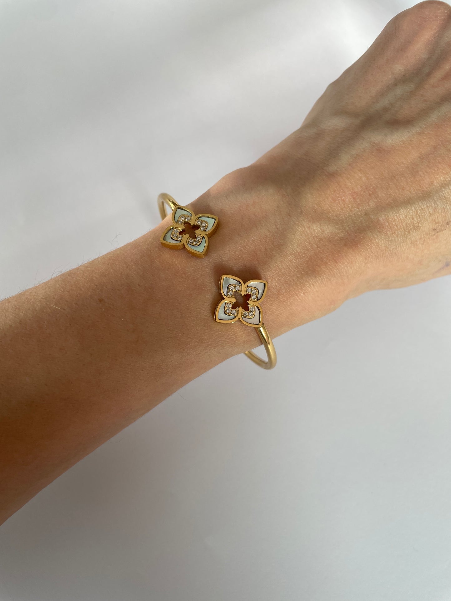 Stella 18K Gold Plated Bangle Bracelet with Iridescent Shell & Zirconia