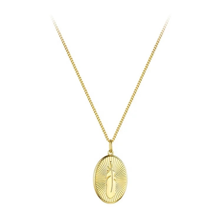 Gold oval pendant necklace with feather design