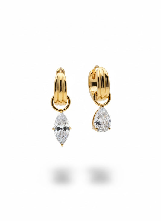 LUXUS 2-in-1 Creole – Robuste Gold-Ohrringe aus Edelstahl mit abnehmbarem Zirkonia-Tropfen, Hypoallergen & Wasserfest, Marquise Dangle
