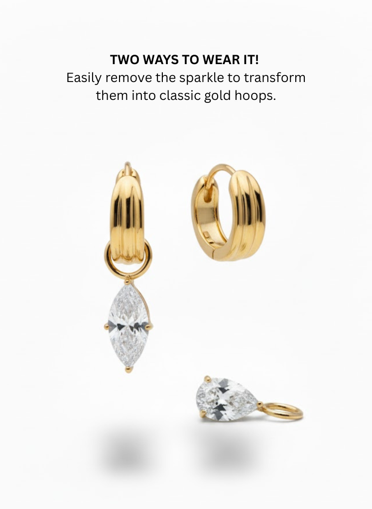 LUXUS 2-in-1 Creole – Robuste Gold-Ohrringe aus Edelstahl mit abnehmbarem Zirkonia-Tropfen, Hypoallergen & Wasserfest, Marquise Dangle