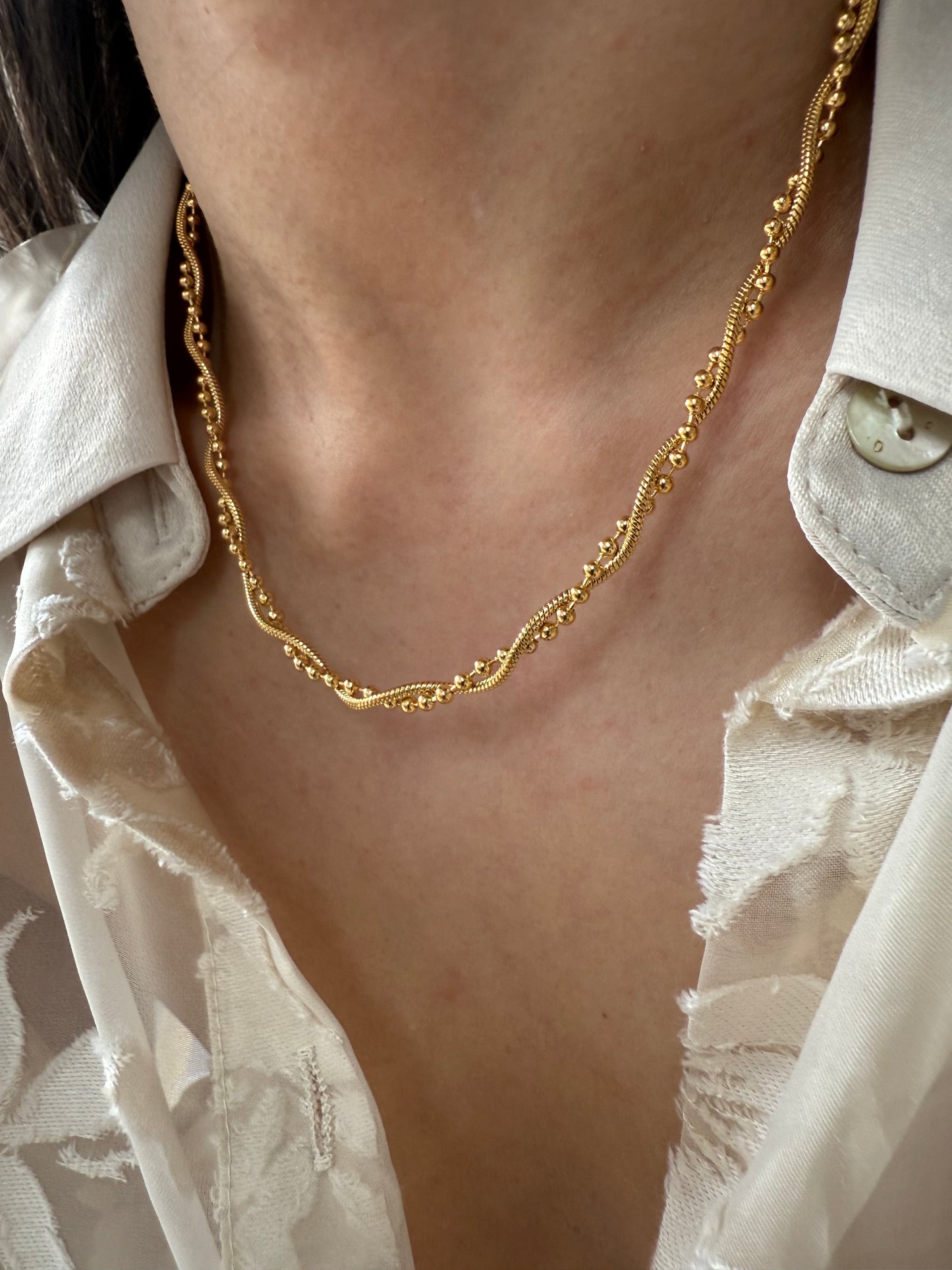 Ayla Gold Twisted Beaded Chain Necklace | Polished Stainless Steel Dainty and Elegant
